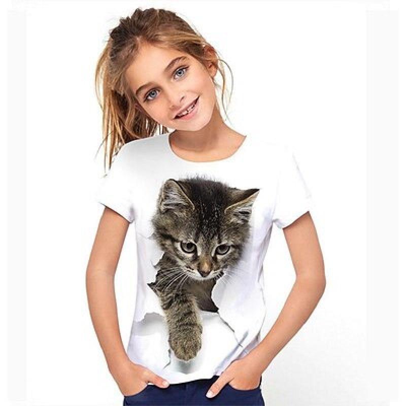 ETST WENDY 09 Kinderen Meisjes 3D Kat T-shirt T-shirt Korte mouw Kat Grafisch Dier Regenboog Kinderen Tops Actief Schattig 3-12 jaar 150