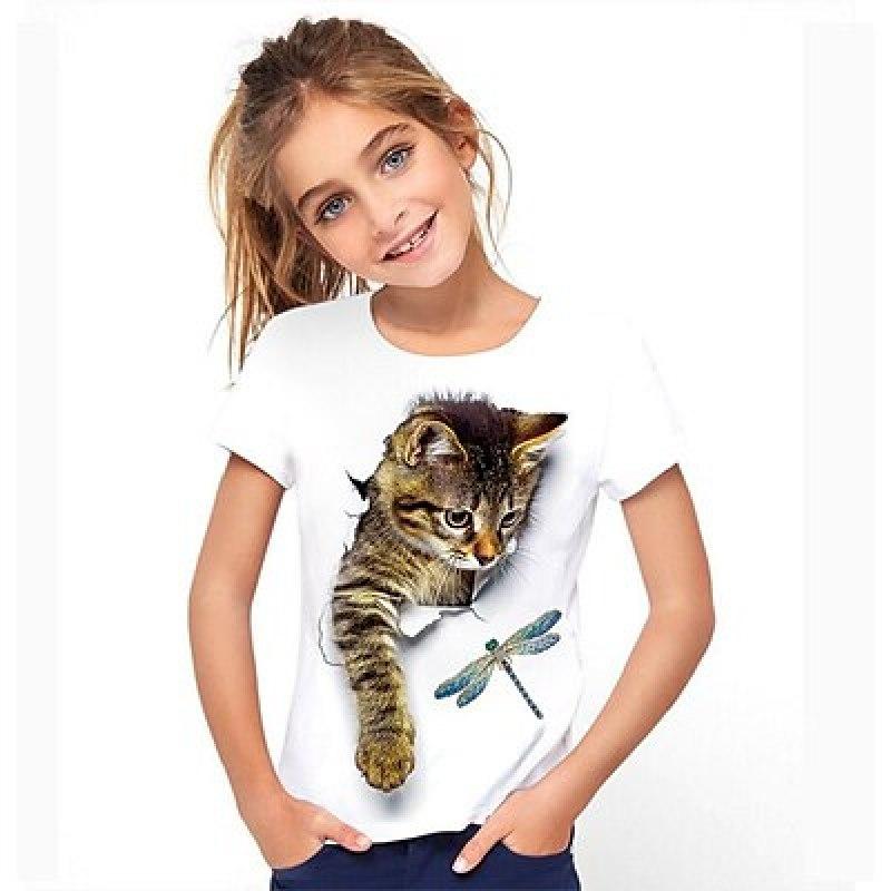 ETST WENDY 09 Kinderen Meisjes 3D Kat T-shirt T-shirt Korte mouw Kat Grafisch Dier Regenboog Kinderen Tops Actief Schattig 3-12 jaar 140