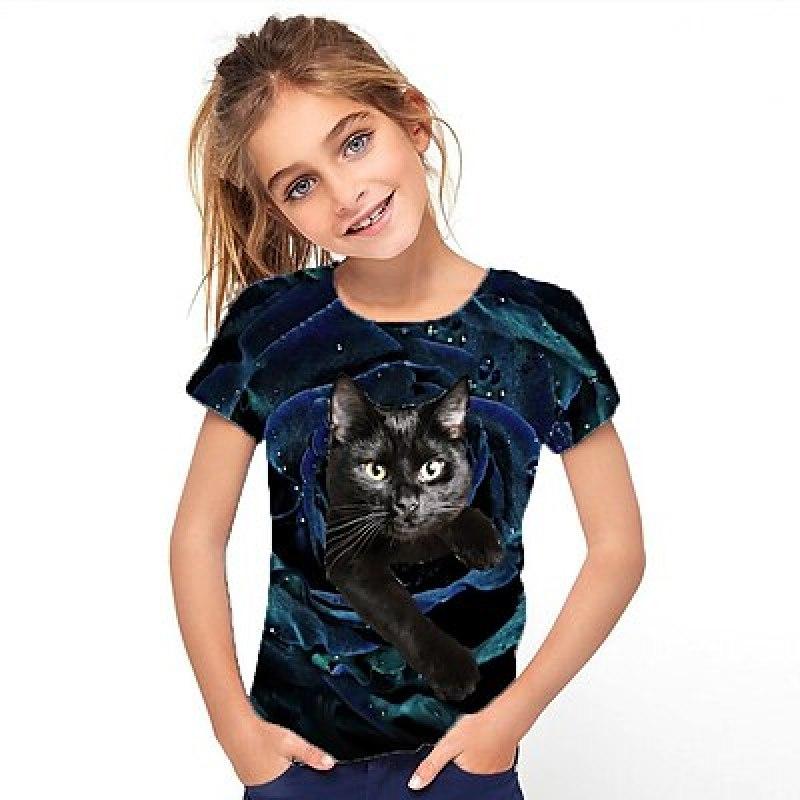 ETST WENDY 09 Kinderen Meisjes 3D Kat T-shirt T-shirt Korte mouw Kat Grafisch Dier Regenboog Kinderen Tops Actief Schattig 3-12 jaar 150