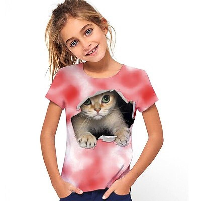 ETST WENDY 09 Kinderen Meisjes 3D Kat T-shirt T-shirt Korte mouw Kat Grafisch Dier Regenboog Kinderen Tops Actief Schattig 3-12 jaar 120