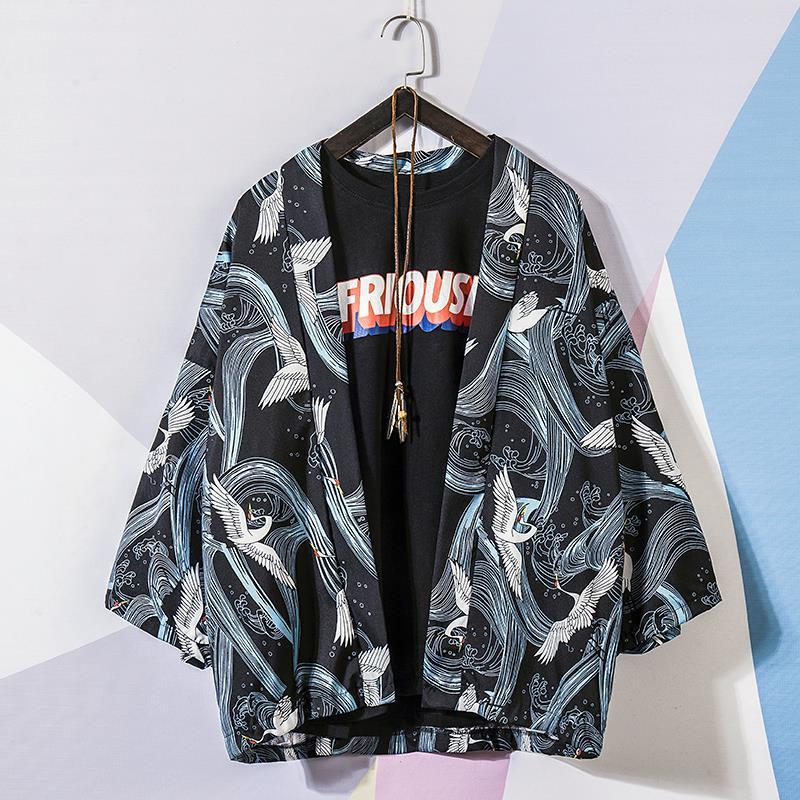 Cloth W Mode Traditionele Japanse Kimono Cardigan Mannen Vrouwen Zonnebrandcrème Bedrukking Dunne Losse Kimono Jas XL