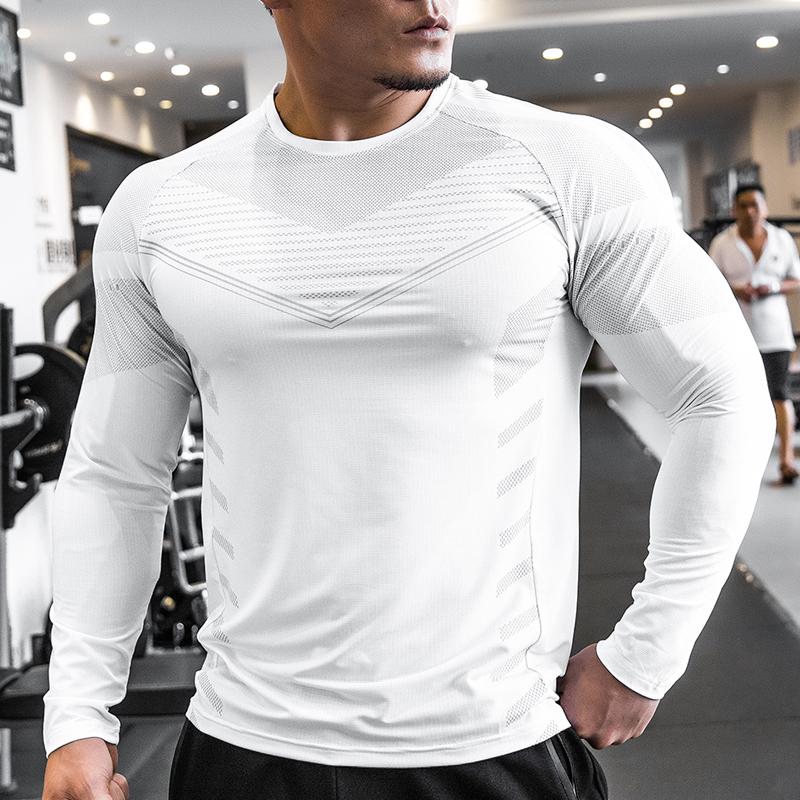 Shedao Pro Fitness Sporting Heren sportkleding Gym T-shirts Lange mouwen Compressie Snel drogende hardloopshirts Ronde hals Sporttop M wit