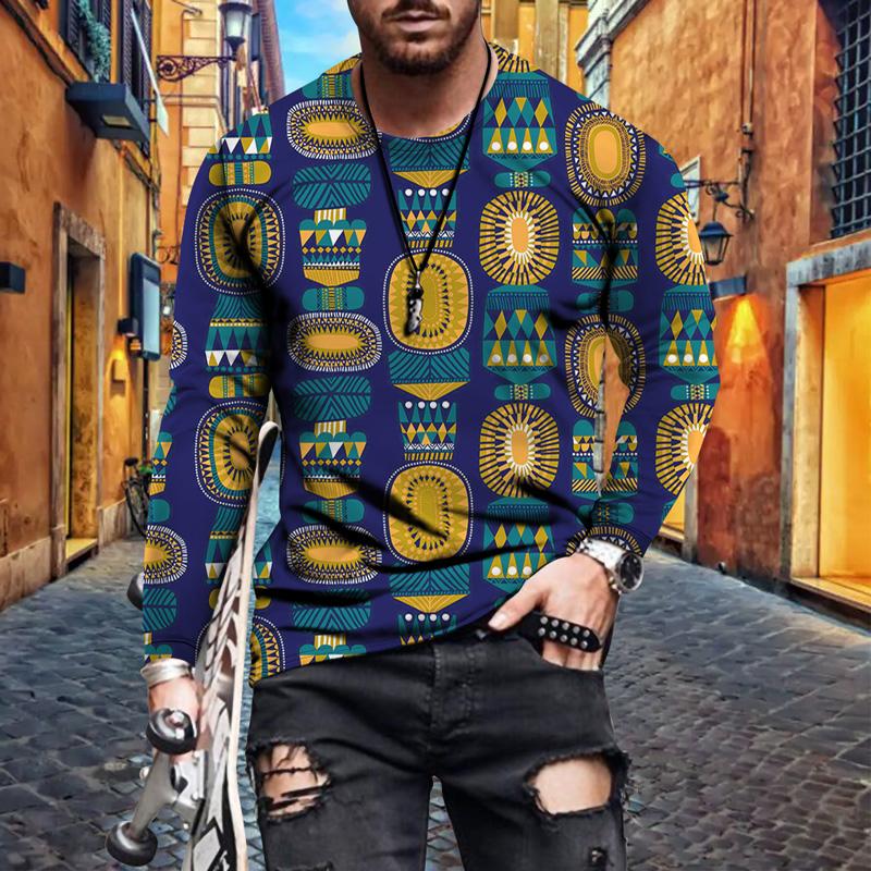 3D Custom Clothing Zomermode heren T-shirt met O-hals en lange mouwen Grappig kleurrijk geometrisch casual T-shirt voor heren L