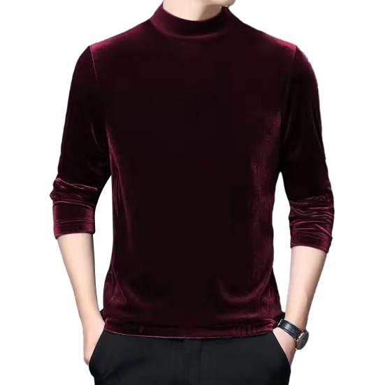 AB45XJ Mannen herfst lente top dunne halfhoge kraag effen kleur warm zacht casual lange mouw fluwelen elastische trui slim fit T-shirt mannelijke kleding L rood