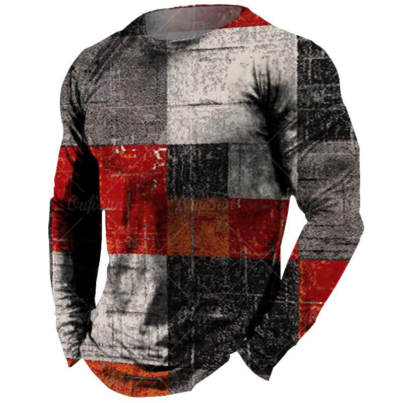 Wengy 2 Vintage Men's Long Sleeve T-shirt Tops Plaid Print Autumn Oversized Sweatshirt Male O-neck Casual Daily Streetwear Men Clothing 6XL