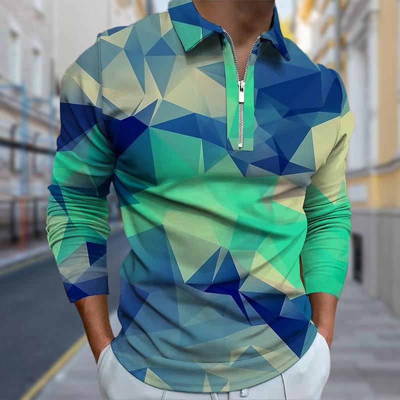 3D Custom Clothing Polo Shirts Men Long Sleeve Broken Blocks Print New Men's Polo Shirt Long Sleeve Zipper T-shirt Top M