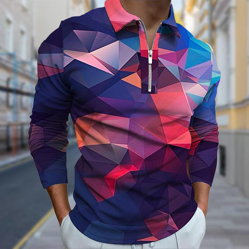 3D Custom Clothing Polo Shirts Men Long Sleeve Broken Blocks Print New Men's Polo Shirt Long Sleeve Zipper T-shirt Top 8XL