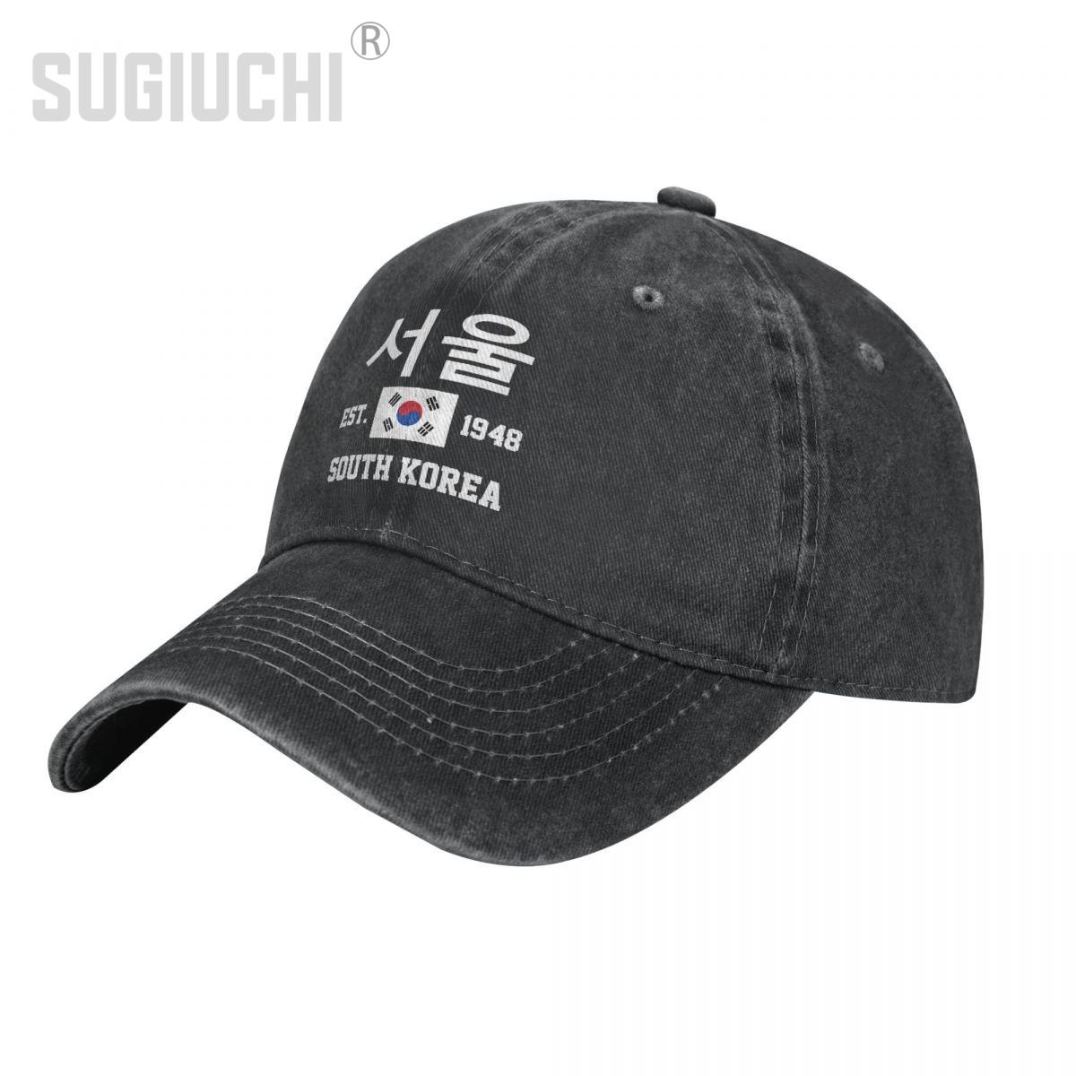 ALLRICK Vlag van Zuid-Korea EST.1948 Seoul Unisex Volwassen Houtskool Gewassen Denim Baseball Cap Unisex Vintage Katoenen Papa Patriottische Trucker Hat One Size