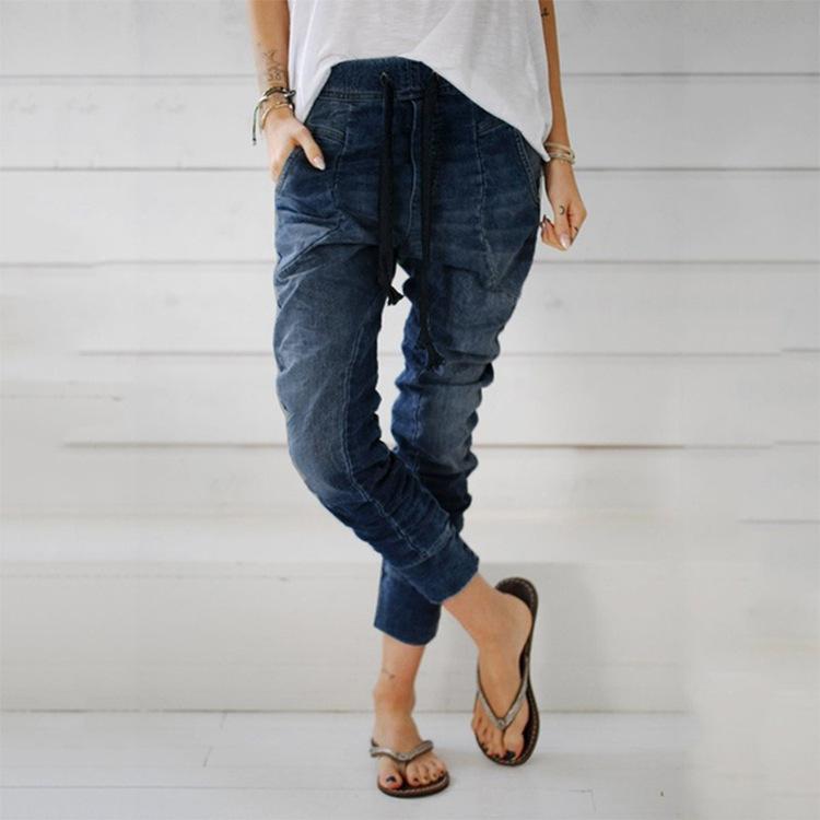 Zhuoneng Clothing Losse grote maat jeans met elastische taille en lantaarnbroek met gesloten pijpen Damesjeans S