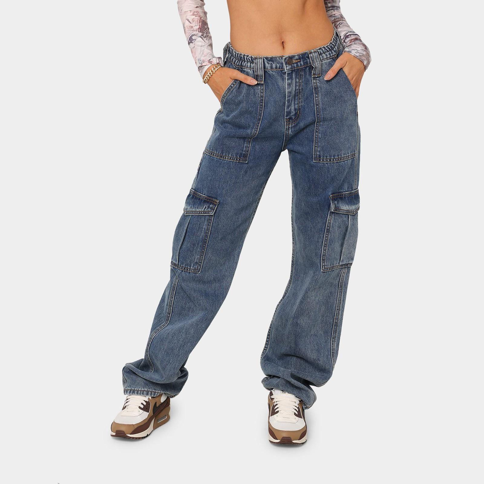 Xingben Two Dames rechte losse broek met wijde pijpen, cargo jeans met meerdere zakken, casual jeans voor dames S