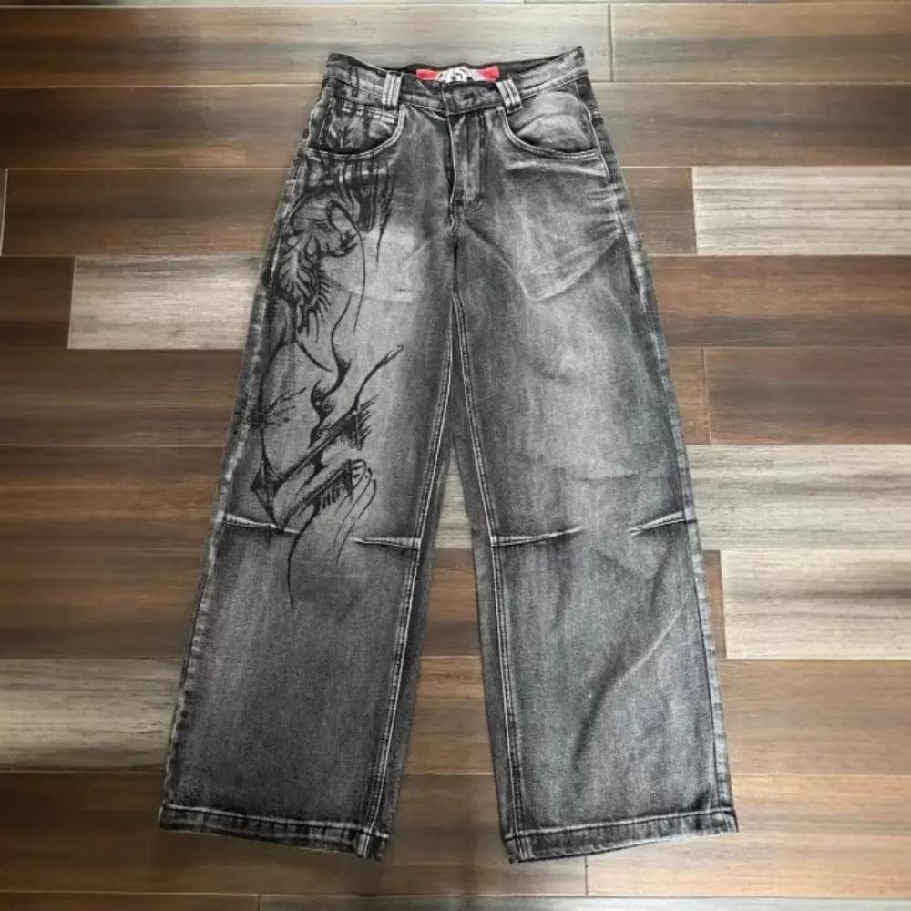 Zyllo American Harajuku Vintage Print Jeans Y2K Women Washed Gray Straight Pants Street Gothic Loose Unisex Trousers Tide S