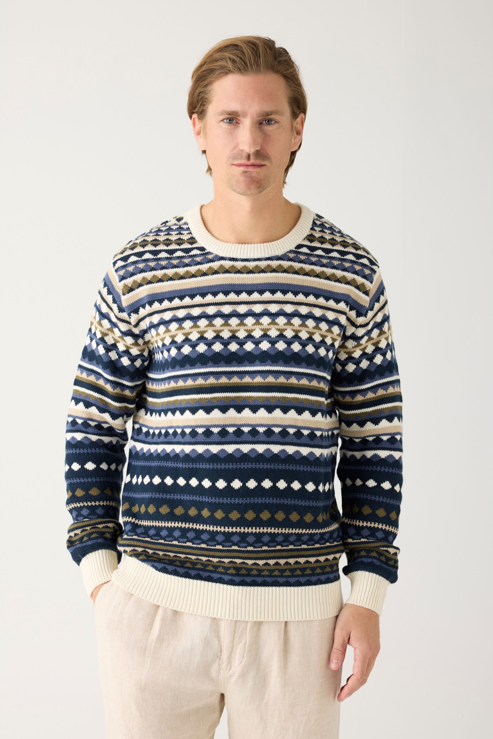 KnowledgeCotton Apparel Damen vegan Strickpullover Regular Jacquard Blau Gestreift