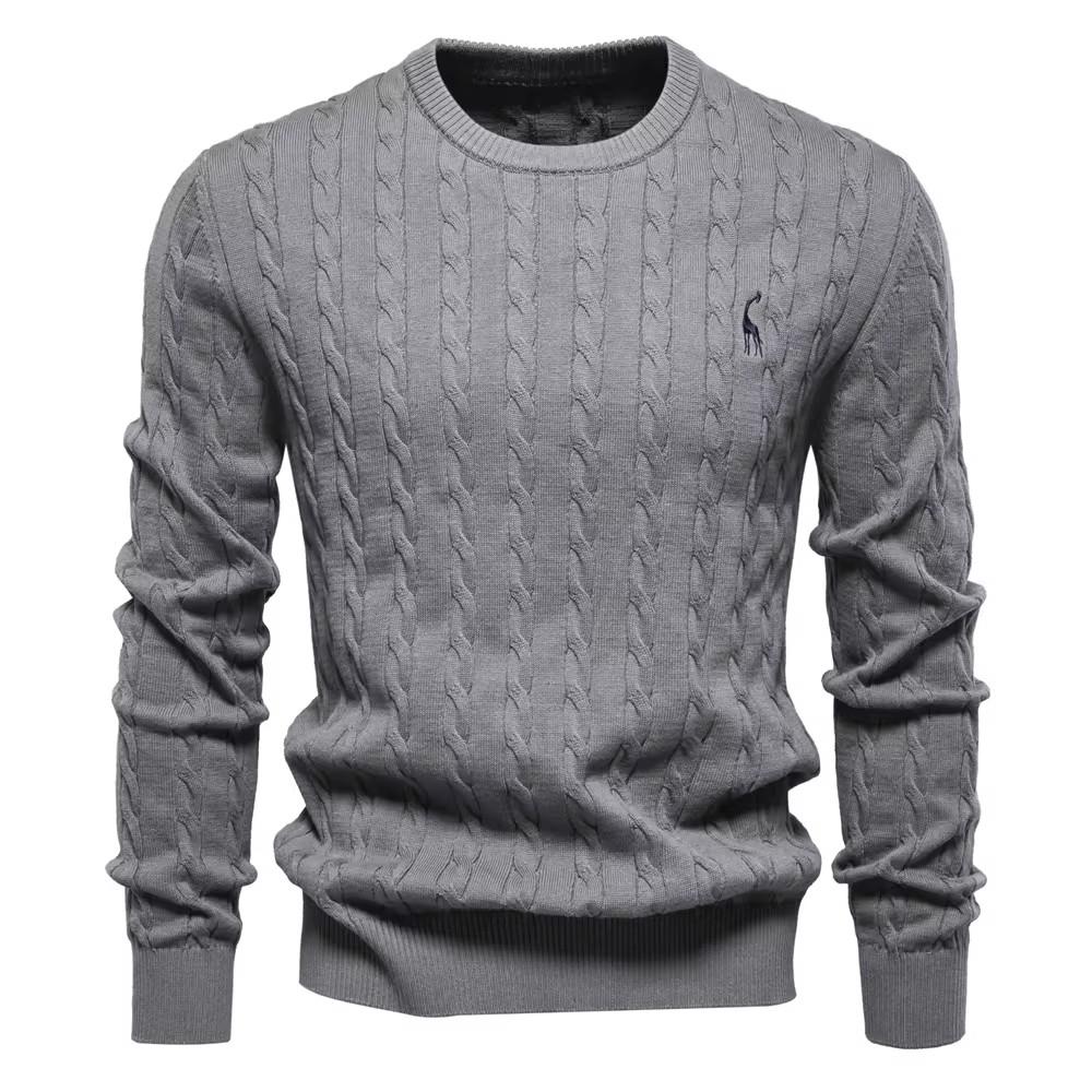 AIOPESON Heren Giraffe Borduurwerk Katoenen Truien Ronde Hals Klassieke Twist Patroon Pullover Gebreide Trui voor Heren XXL 95-105 kg donkergrijze kleur