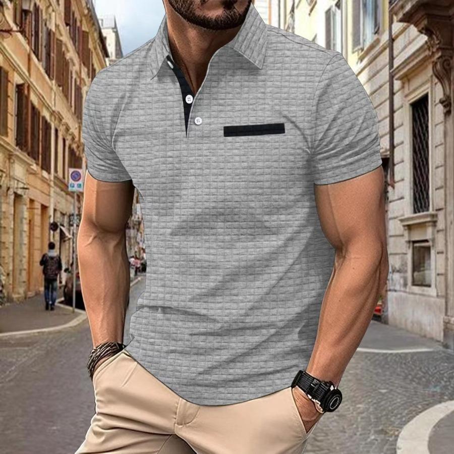 HerSight Zomer heren poloshirt knoopjacquard geruite patchwork sportpolo's voor heren L lichtgrijze kleur
