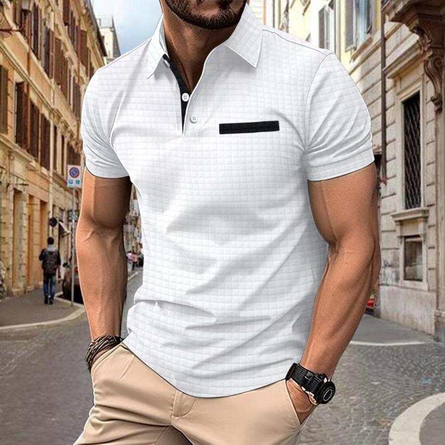HerSight Zomer heren poloshirt knoopjacquard geruite patchwork sportpolo's voor heren XXXL wit