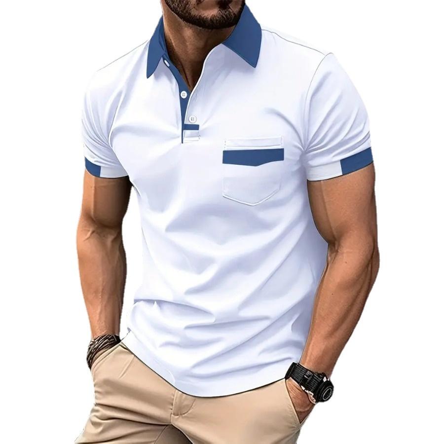 HerSight Zomer heren kleur patchwork zak poloshirt man sportpoloshirt met korte mouwen XL wit