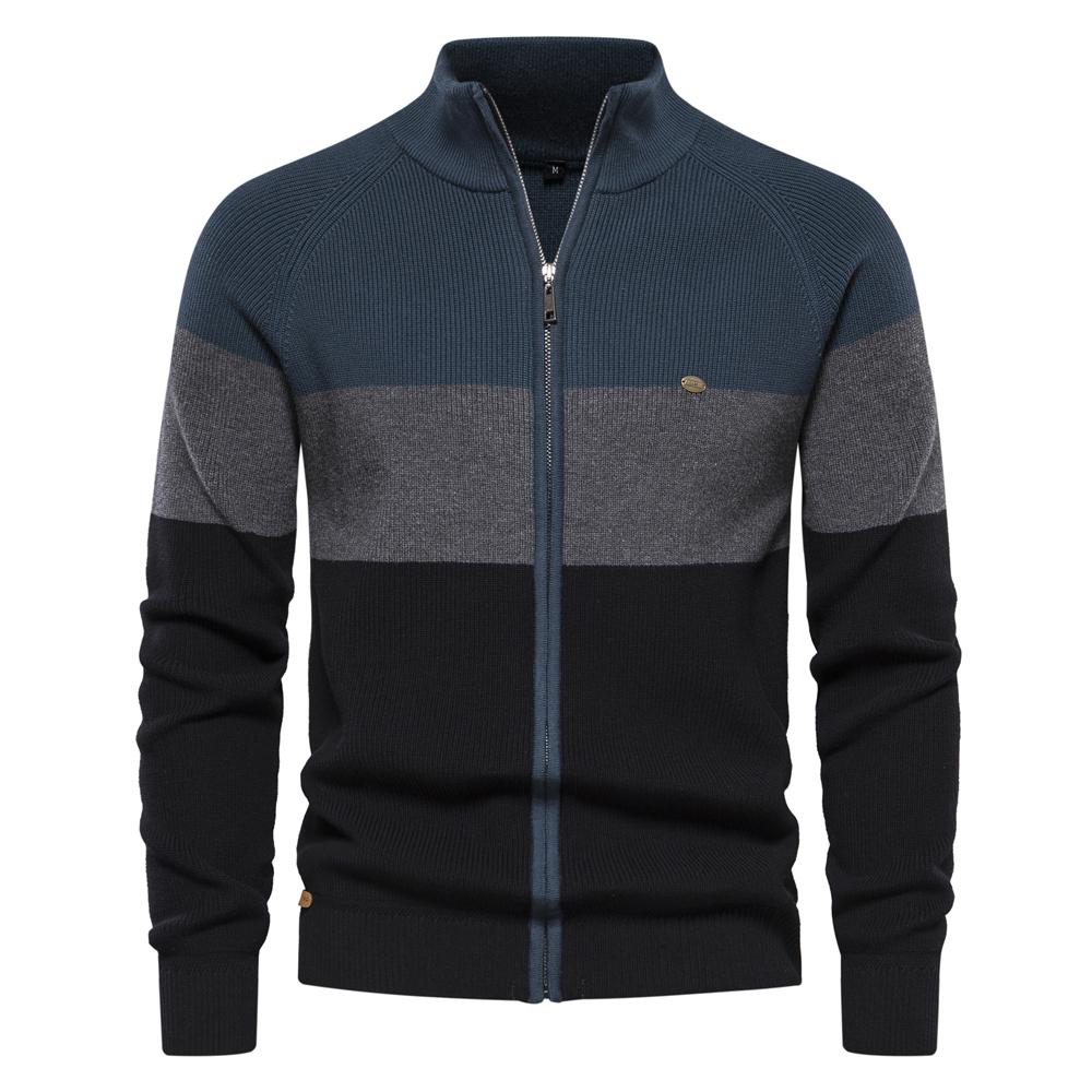 AIOPESON Men Fashion 2023 Nieuwe herfst- en winterpatchworkkleurtrui voor heren Ritsvesten voor heren Hoogwaardige jeugdtrui van katoen voor heren L 75-85 kg meer blauwe kleur