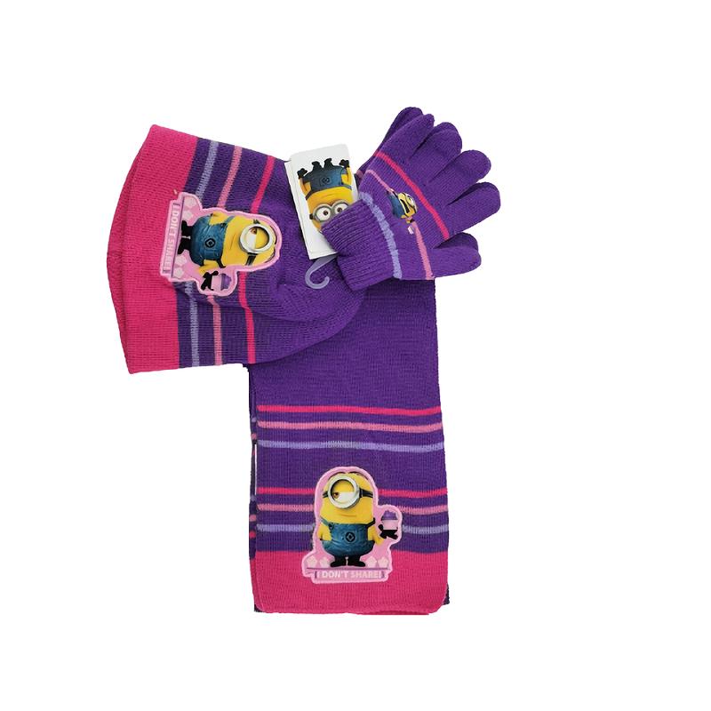 Kids Paradise Bonnet Minions - Bonnet gants écharpe set 3 pièces Minions paars