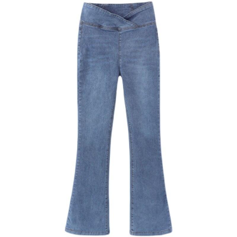 NiXis Asymmetrische Jeans Vrouwen Hoge Taille Slanke Uitlopende Broek Magere Denim Broek Vintage Koreaanse Mode Casual Bodems Plus Size Vrouwelijke Kleding XL blauw