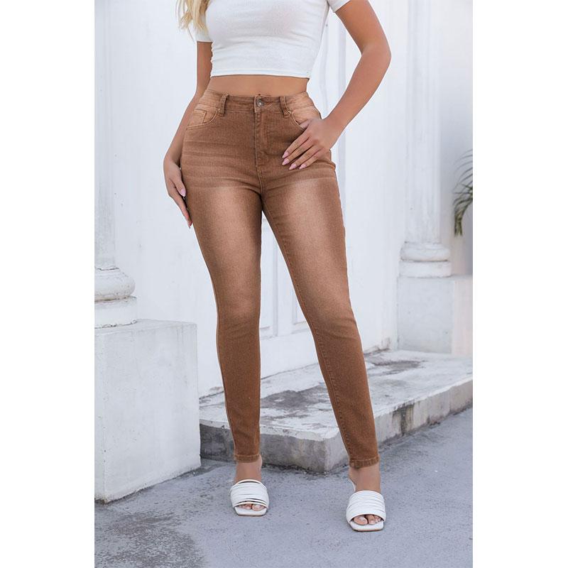 Omena Gewassen skinny jeans met hoge taille voor dames L bruin