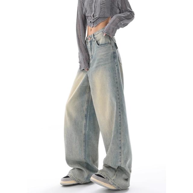 RUOK Y2K Blue Jeans voor dames Hoge taille American Street Wide Leg Broek Hip Hop Vintage Rechte herfstbroek M blauw