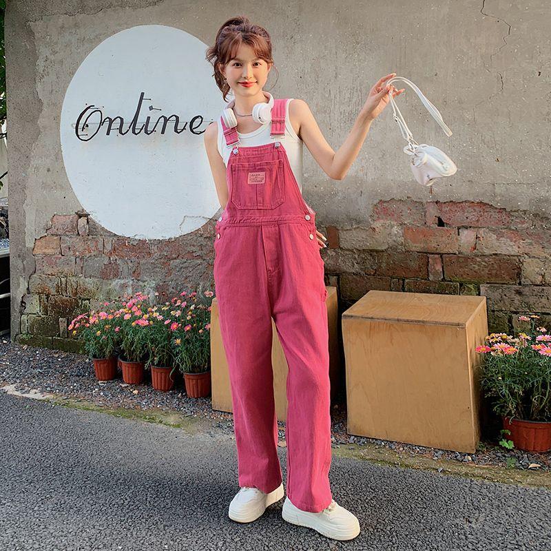 Qingpingjuan Spring and Summer Women's Loose Slim Jeans Age Reducing Jeans Denim Straps Pants Women's Clothing XXS roze
