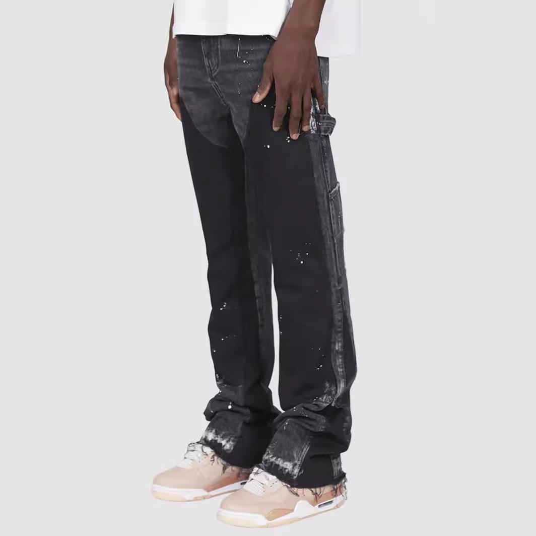 QINQING Distressed High Waist Flare Jeans with Color Block & Splatter Paint Design - Blue, Gray, Black M