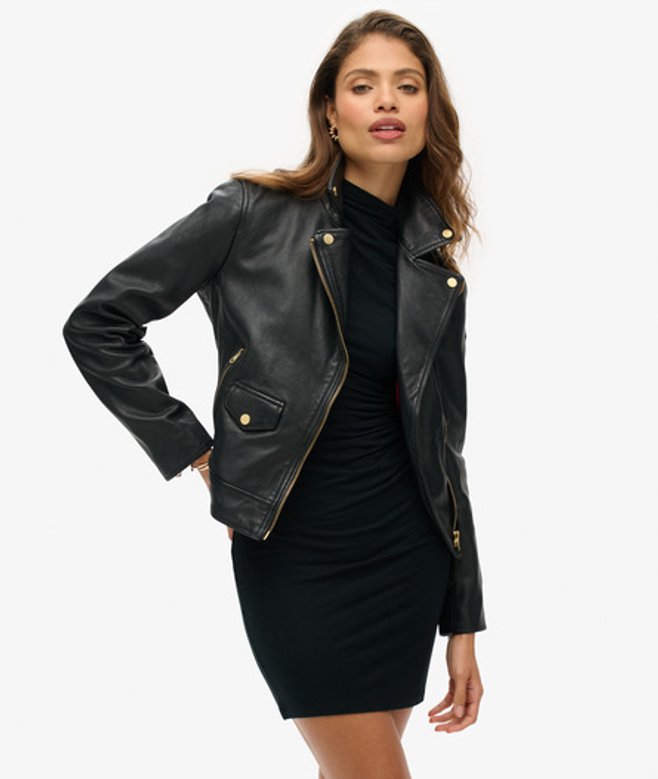 Superdry Leren Bikerjack met Studs Black