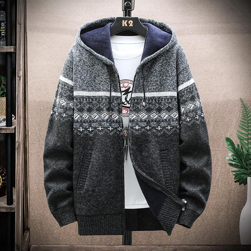 Yoxier Heren Fleece Warm Cardigan Plaid Trui Capuchon Winterkleding Harajuku Jas Volledige Rits Cardigans Jas Mode Gebreide Trui 3XL  80-90kg