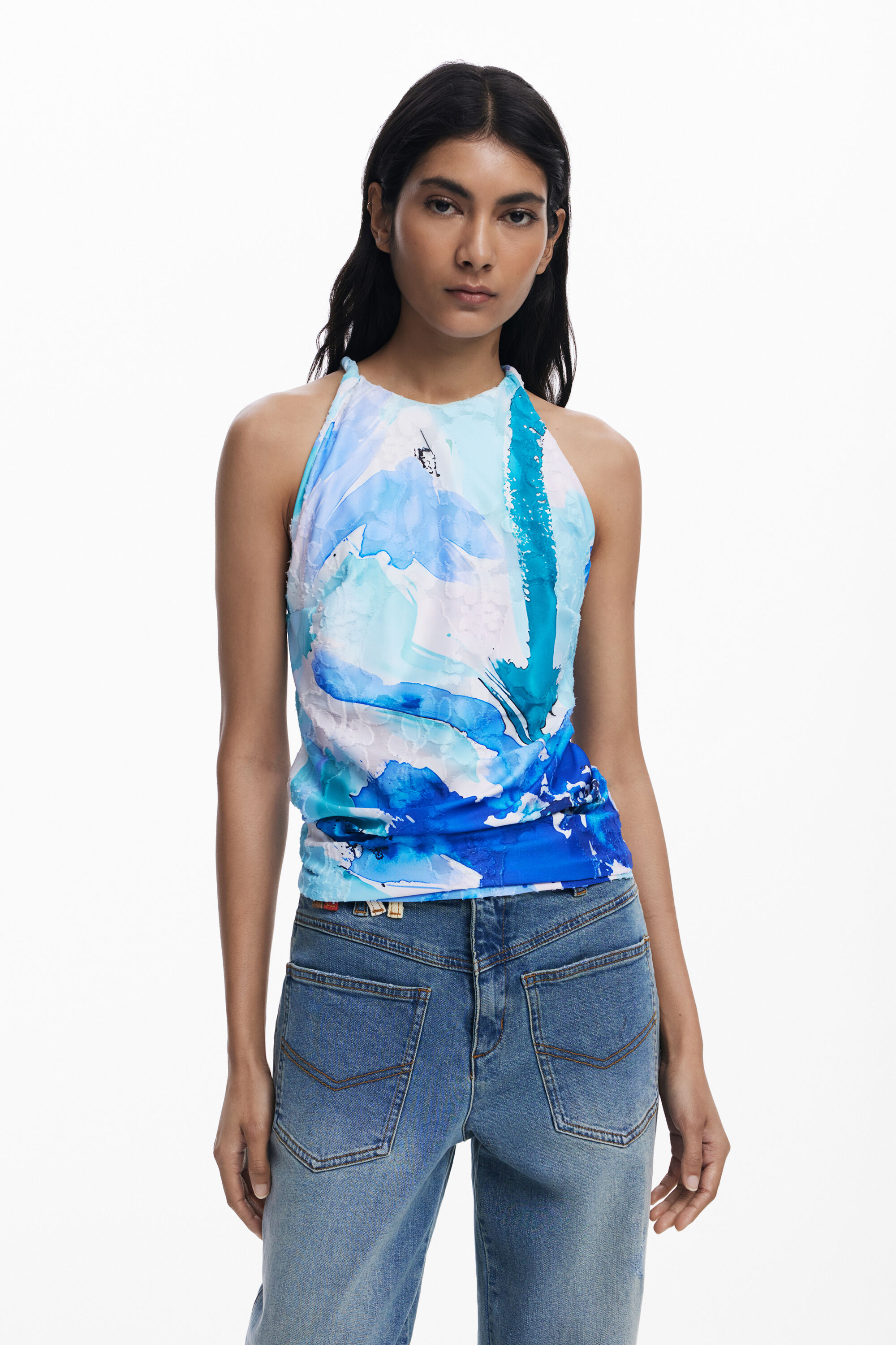 Desigual Bloemenhemdje met bandjes - BLUE