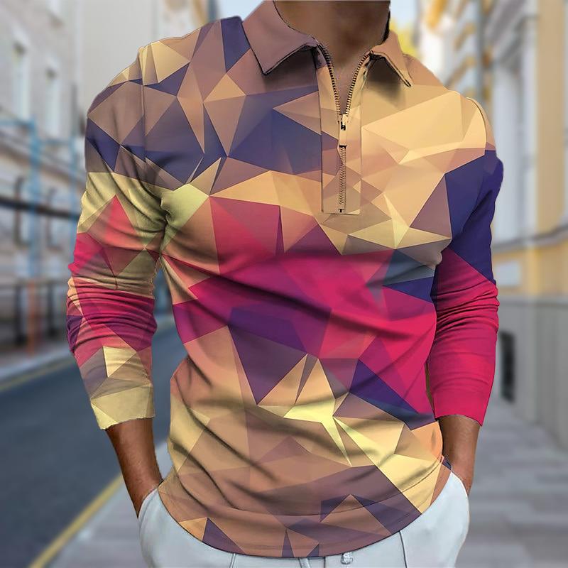 3D Custom Clothing Polo Shirts Men Long Sleeve Broken Blocks Print New Men's Polo Shirt Long Sleeve Zipper T-shirt Top 3XL