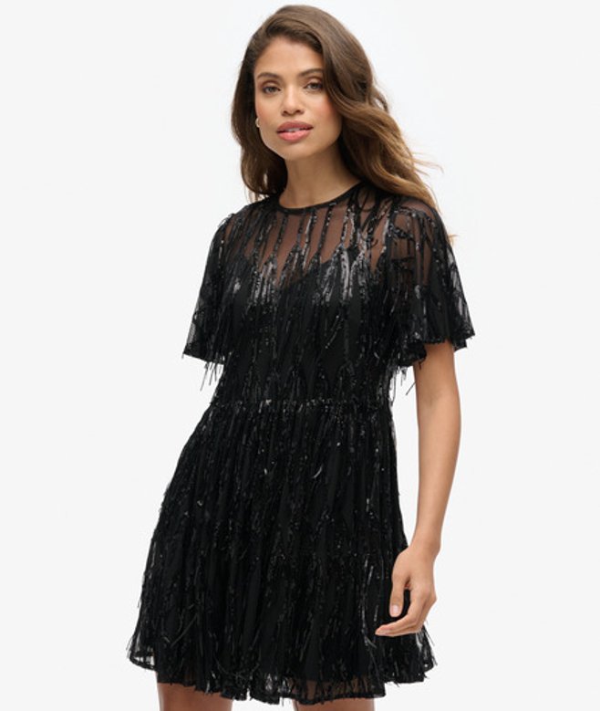 Superdry Volume Gelaagde Mini-jurk met Mesh Black