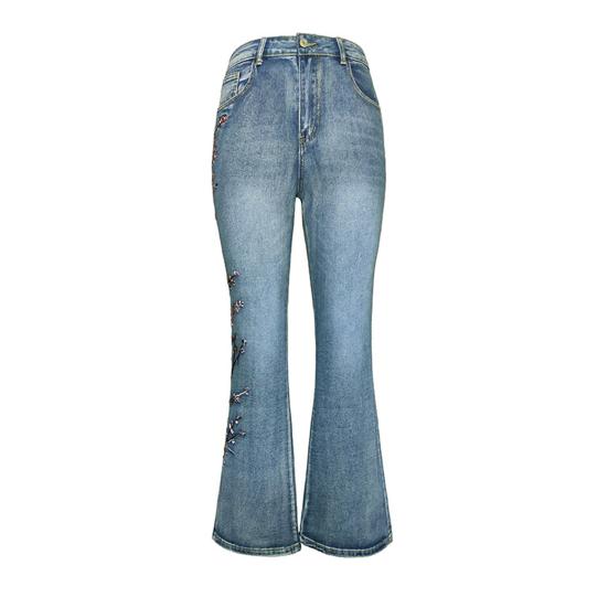 Cool Men Wardrobe Women's Flared Jeans Floral Embroidered High Waisted Bell Bottom Jeans Micro Elastic Slim Denim Pants with Pockets XL blauw