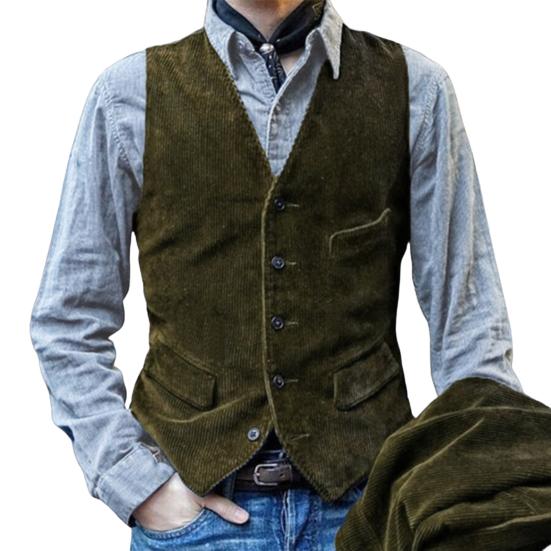 Mingchuang Heren Gilet V-hals Mouwloos Enkelrijs Vestjas Effen Kleur Slim Fit Corduroy Retro Stijl Gilet met Zakken L