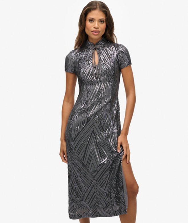 Superdry Midi-jurk met Kraagloze Boord en Pailletten Grey