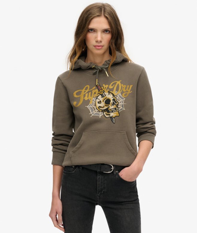 Superdry Tattoo Hoodie met Tekst en Grafische Print Donkergrijs
