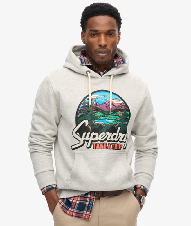 Superdry Travel Postcard Hoodie met Print Lichtgrijs