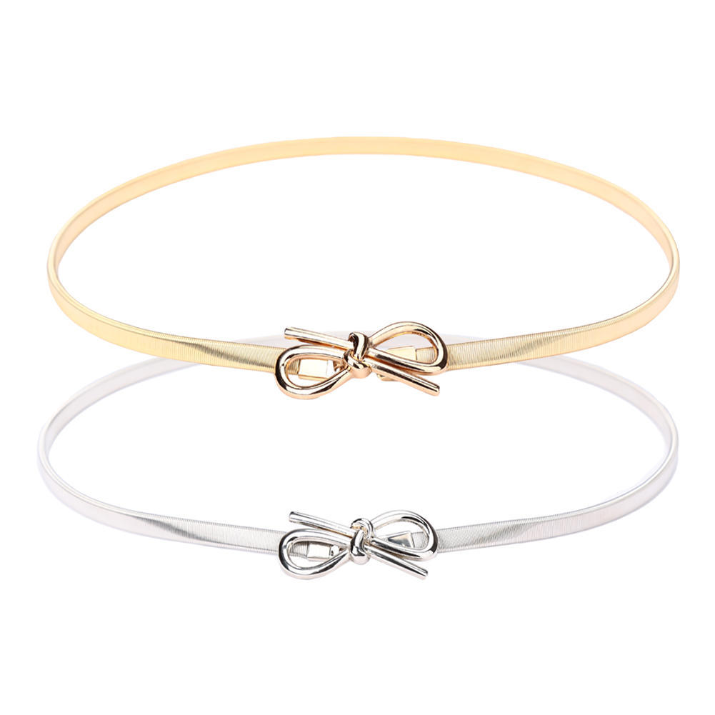 Koogeelife Nieuwe mode vrouwen riem striksluiting voorkant stretch skinny elastische riem strik tailleband goud