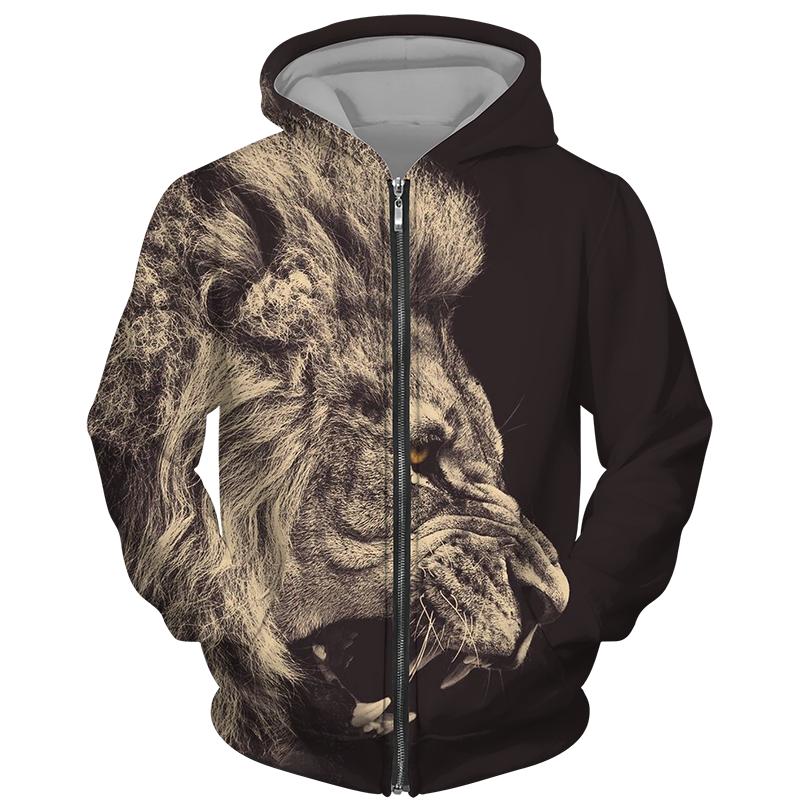 TIP723 Lente Herfst Heren Rits Hoodie Sweatshirts 3D Dier Leeuw Beest Afdrukken Capuchon Trui Mode Jas Casual Sportkleding 5XL