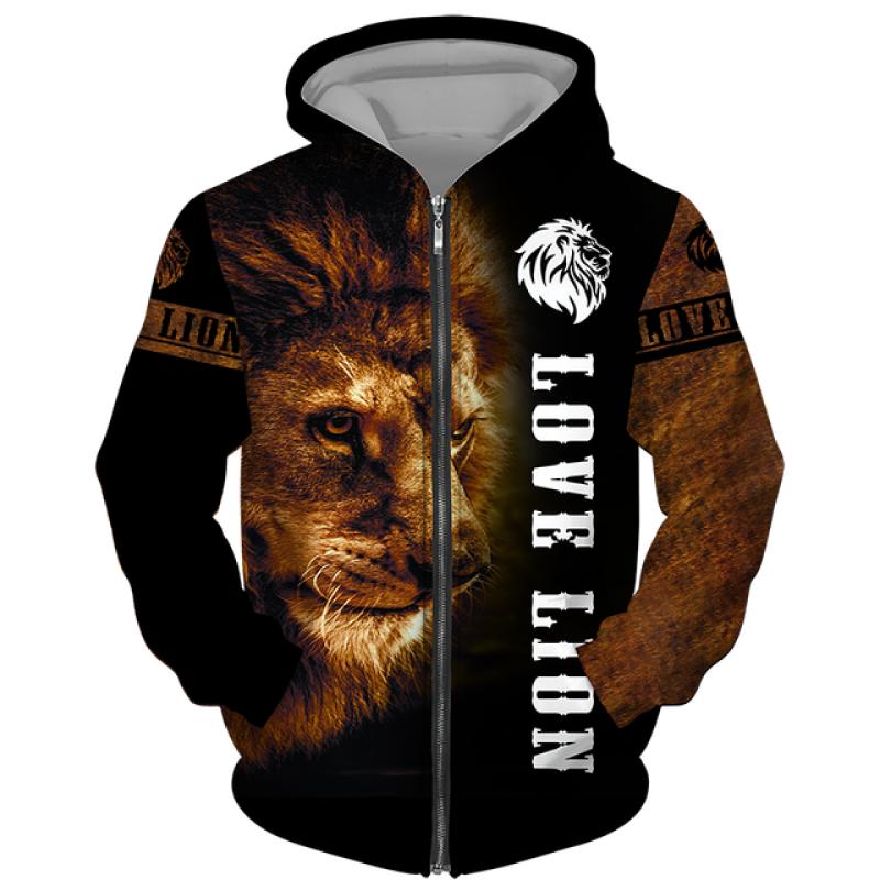 TIP723 Lente Herfst Heren Rits Hoodie Sweatshirts 3D Dier Leeuw Beest Afdrukken Capuchon Trui Mode Jas Casual Sportkleding 4XL