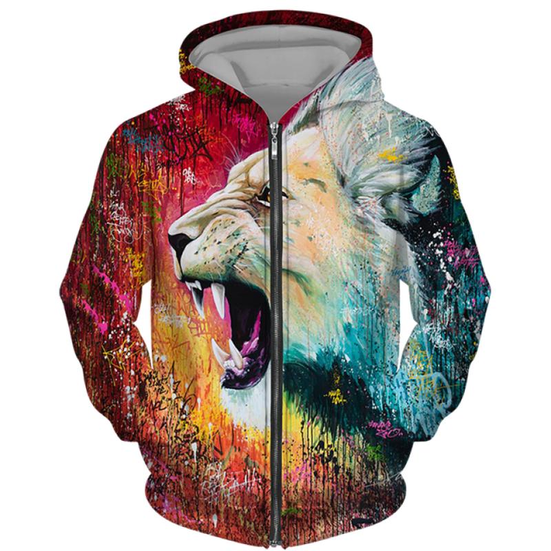 TIP723 Lente Herfst Heren Rits Hoodie Sweatshirts 3D Dier Leeuw Beest Afdrukken Capuchon Trui Mode Jas Casual Sportkleding 3XL