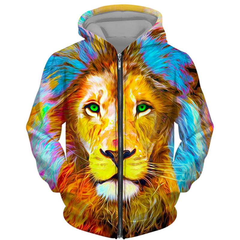 TIP723 Lente Herfst Heren Rits Hoodie Sweatshirts 3D Dier Leeuw Beest Afdrukken Capuchon Trui Mode Jas Casual Sportkleding 5XL