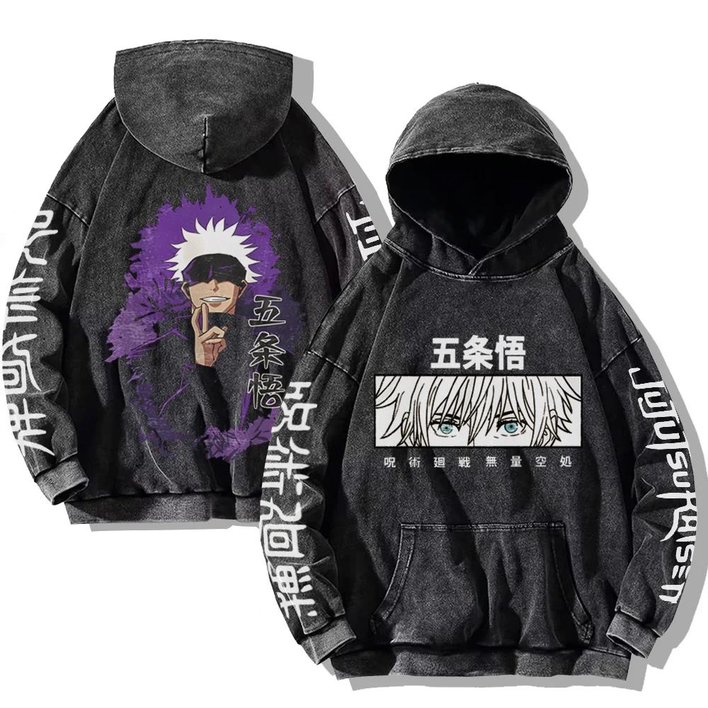 ETST 012 Vintage gewassen Jujutsu Kaisen Hoodies Satoru Gojo Heren Dames Streetwear Sweatshirts Casual Oversized Lange Mouw Kleding 4XL