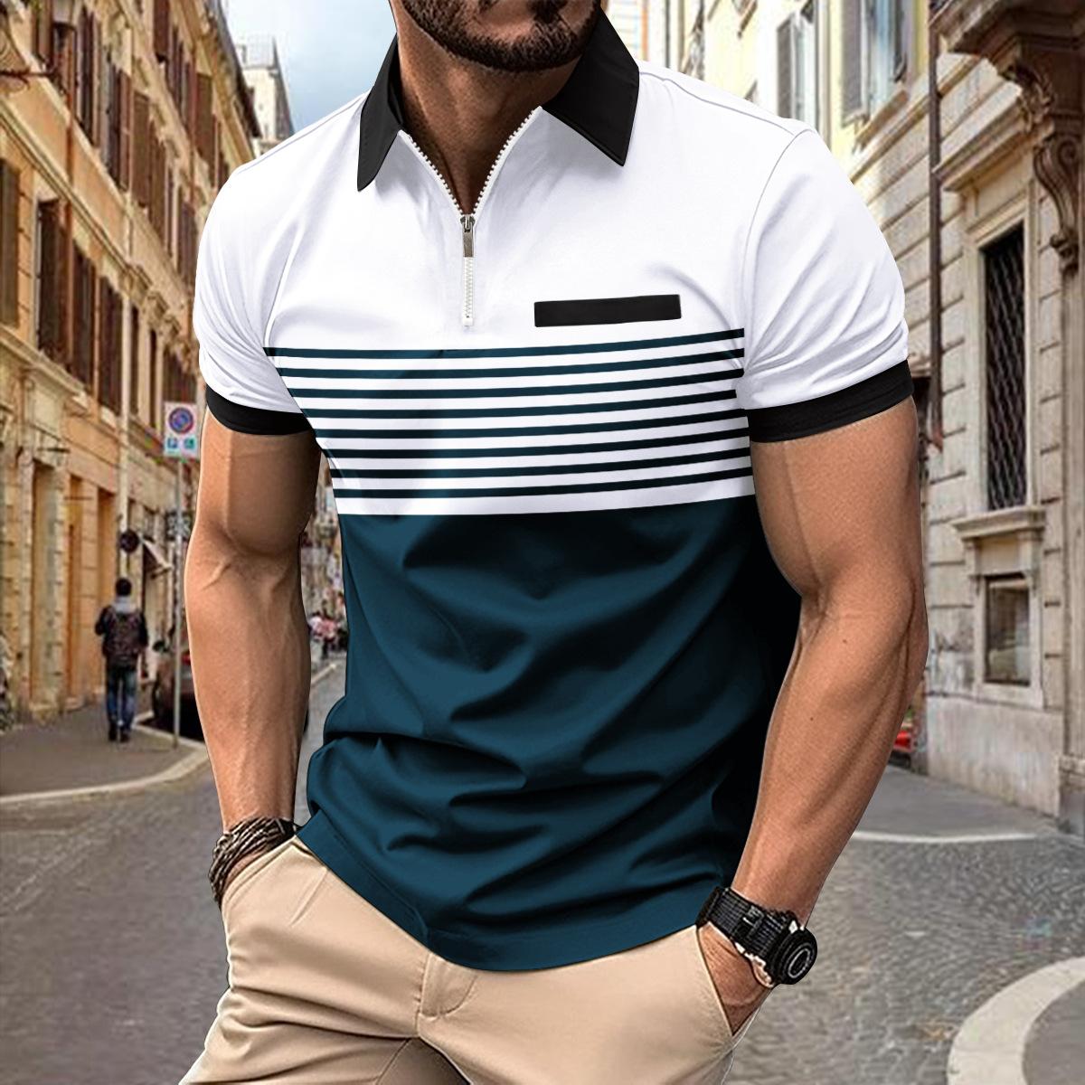 HerSight Europese maat Zomer POLO's Rits Heren Korte Mouw Top Revers Patchwork Gestreept Bedrukt Poloshirt Plus Size XL wit