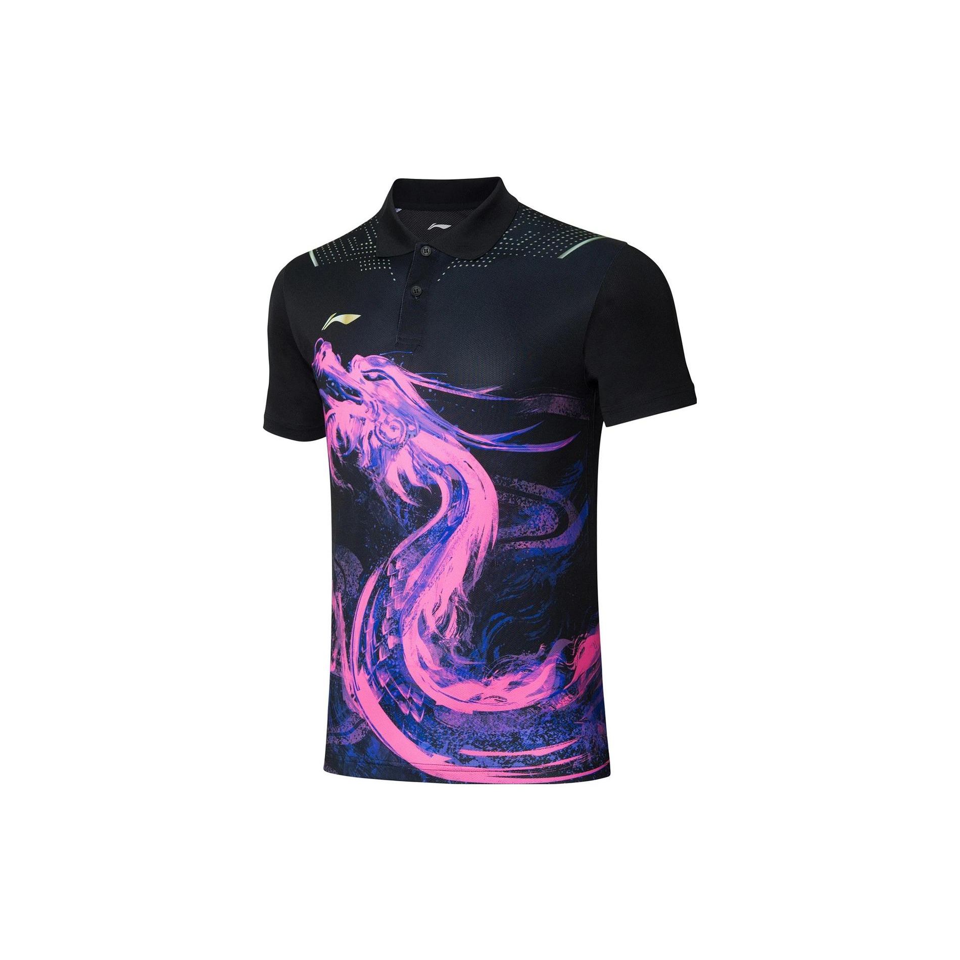 Li-Ning Li Ning Ping Pong Serie Drakenprint Ademend Casual Polo met Korte Mouwen Heren Polo Shirts Zwart APLR109-2 L