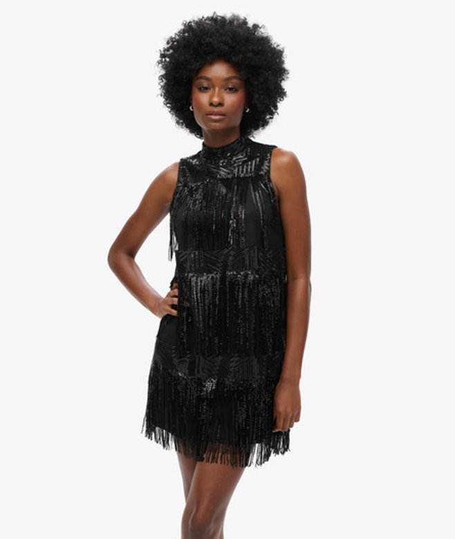 Superdry A-lijn Mini-jurk met Franje en Lovertjes Zwart