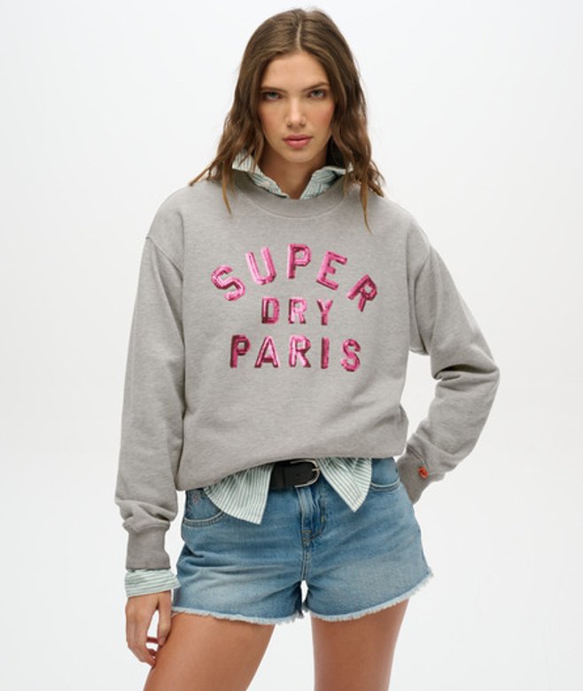 Superdry Ruimvallend Versierd Varsity Sweatshirt met Ronde Hals Grey