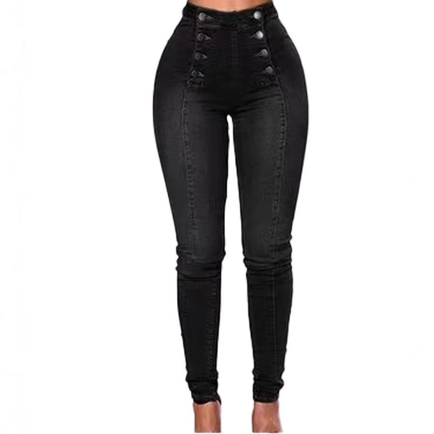 MY OWN STYLE Casual denim broek met hoge taille voor dames, elastisch, trendy met meerdere gespen, jeans met dubbele rij knopen, lange broek, comfortabel en rekbaar XXL zwart
