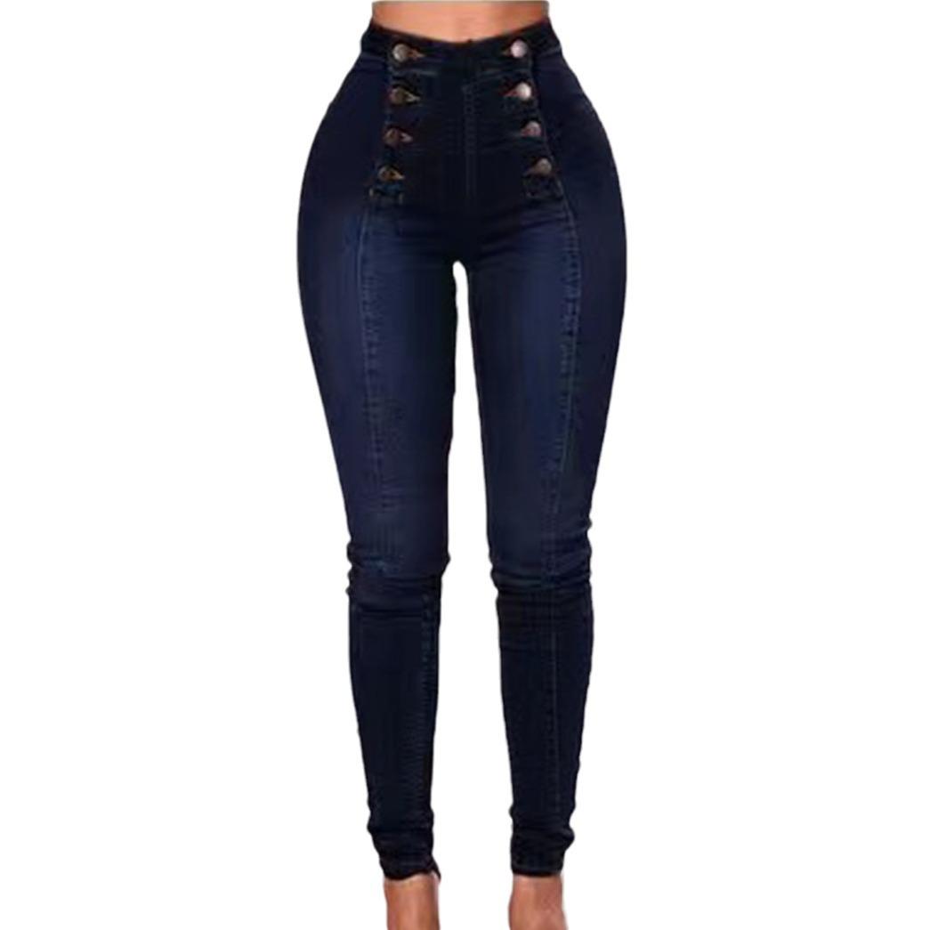 MY OWN STYLE Casual denim broek met hoge taille voor dames, elastisch, trendy met meerdere gespen, jeans met dubbele rij knopen, lange broek, comfortabel en rekbaar XXL donkerblauwe kleur