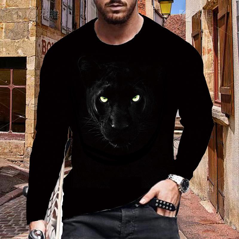 Womens blouse shirts Nieuwe 3D Grijze Luipaard Print Heren T-shirts Lange Mouw T-shirts Ronde Hals Casual Pullover Herenkleding Plus Size M zwart